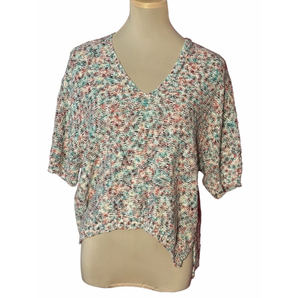 Lou & Grey Speckled Knit V-Neck Top Cream Multicolor Size Small